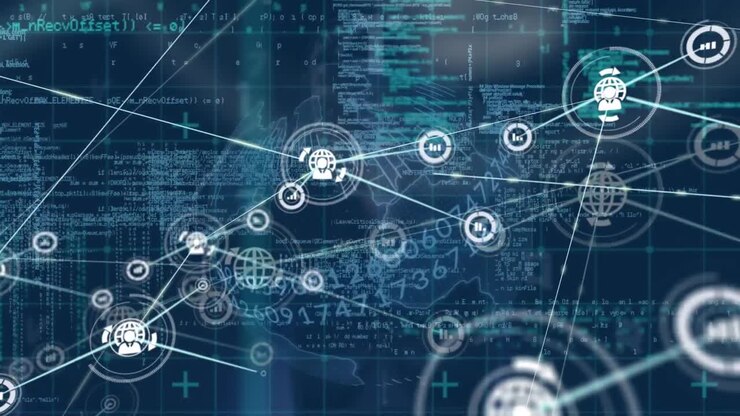 Animation of network of connections with icons over grid