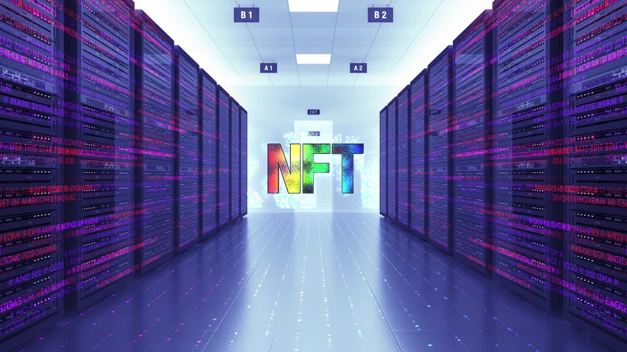 Non Fungible Token Art Symbol In Futuristic Datacenter.