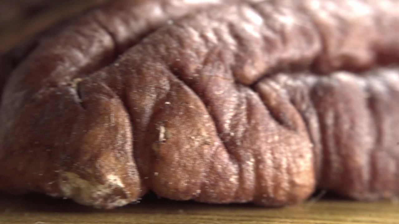 Macro panning view across a dried spice, highlighting wrinkled texture, organic surface details and rich earthy tones in an extreme close up composition.