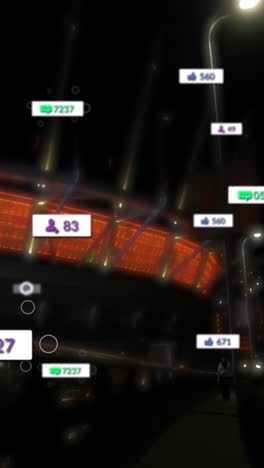animación de iconos y números de redes sociales sobre el tráfico vial y el paisaje urbano