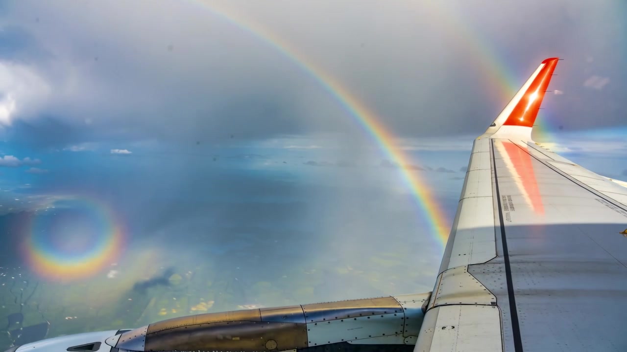 Sol rammer højre vinge med rød winglet fra vindue, danner dobbelt regnbue under forbipasserende byge, kopiplads.