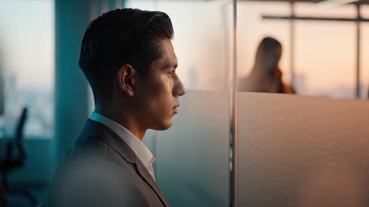 思索の瞬間：夕暮れの街並みを眺めながら物思いにふける若手プロフェッショナル、その表情には野心と静けさが入り混じる