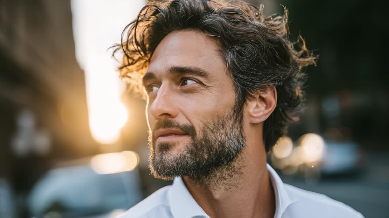 Ritratto spontaneo di un uomo pensieroso con capelli alla moda sullo sfondo di un bellissimo tramonto in un ambiente urbano, che evidenzia la calda illuminazione naturale e i tratti espressivi