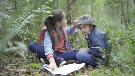 ethnic children talking while studying plants in forest