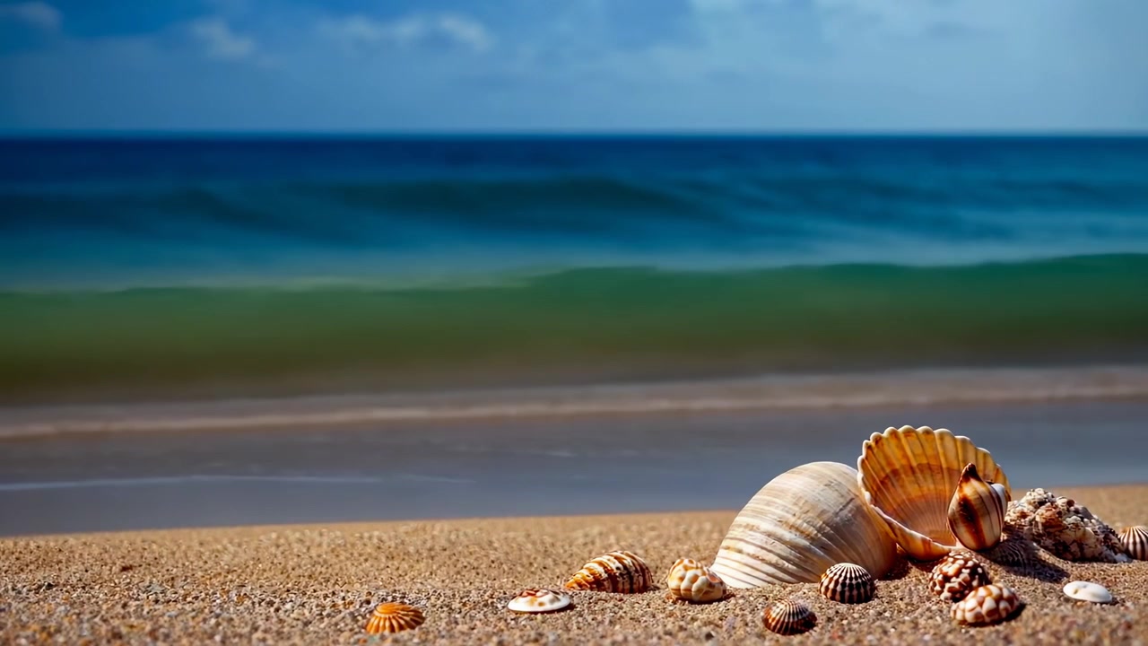 Seashells on a Sandy Beach with Ocean Waves at Sunset