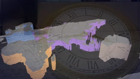 Animación-De-Redes-De-Conexiones-Y-Mapa-Mundial-Sobre-Reloj-En-Movimiento-Y-Gente-Caminando-Por-La-Calle