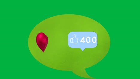 icono de corazón rojo y como icono con números crecientes en verde burbuja de habla contra fondo verde