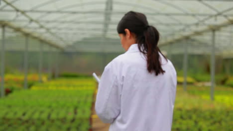 Woman-walking-through-the-greenhouse-holding-a-clipboard