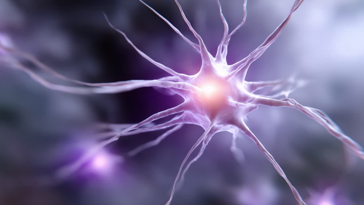 Intricate Visualization of a Neuron's Structure and Functionality Amidst a Mystical Background in This Stunning Close-Up Shot