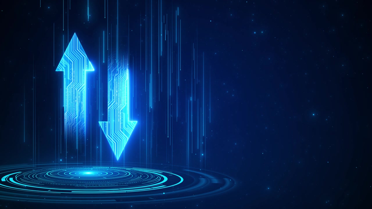 Blue upload download arrows background glowing circuit shapes vertical light streaks circular hud