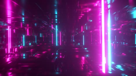 volando en un espacio abstracto tecnológico con tubos de neón luminosos. estilo cyberpunk. espectro ultravioleta moderno de luz. color púrpura azul. bucle sin costuras 3d render
