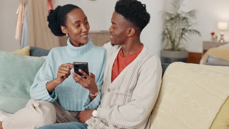 Black-couple,-phone-and-sofa-to-relax-for-social