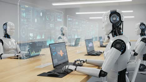 a futuristic workspace with advanced robots engaged in data processing and analysis, showcasing innovative technology and artificial intelligence in action