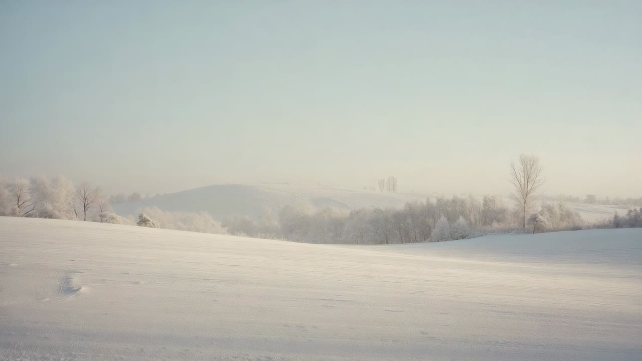 Sun rising warming pale sky and thinning haze over snow-covered field at dawn, lone leafless tree