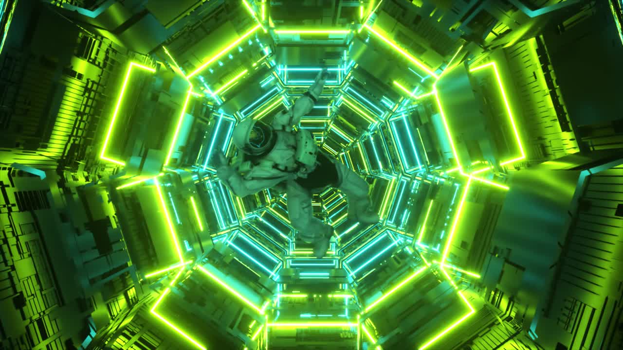 Astronauta che cade nel corridoio di un'astronave. Tunnel spaziale futuristico Sci-Fi VJ per titoli e sfondo. Luce al neon. Animazione 4K in loop continuo.