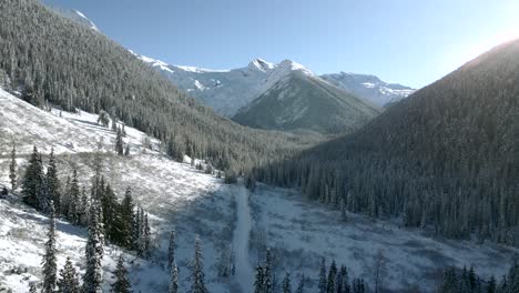 winter wonderland: aerial view of majestic forests and snow-capped rocky mountains in revelstoke, british columbia