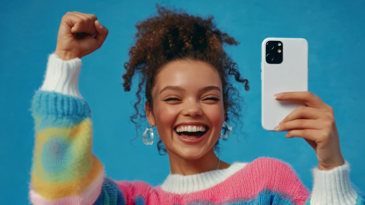 A vibrant, joyful video concept featuring a woman celebrating with a smartphone
