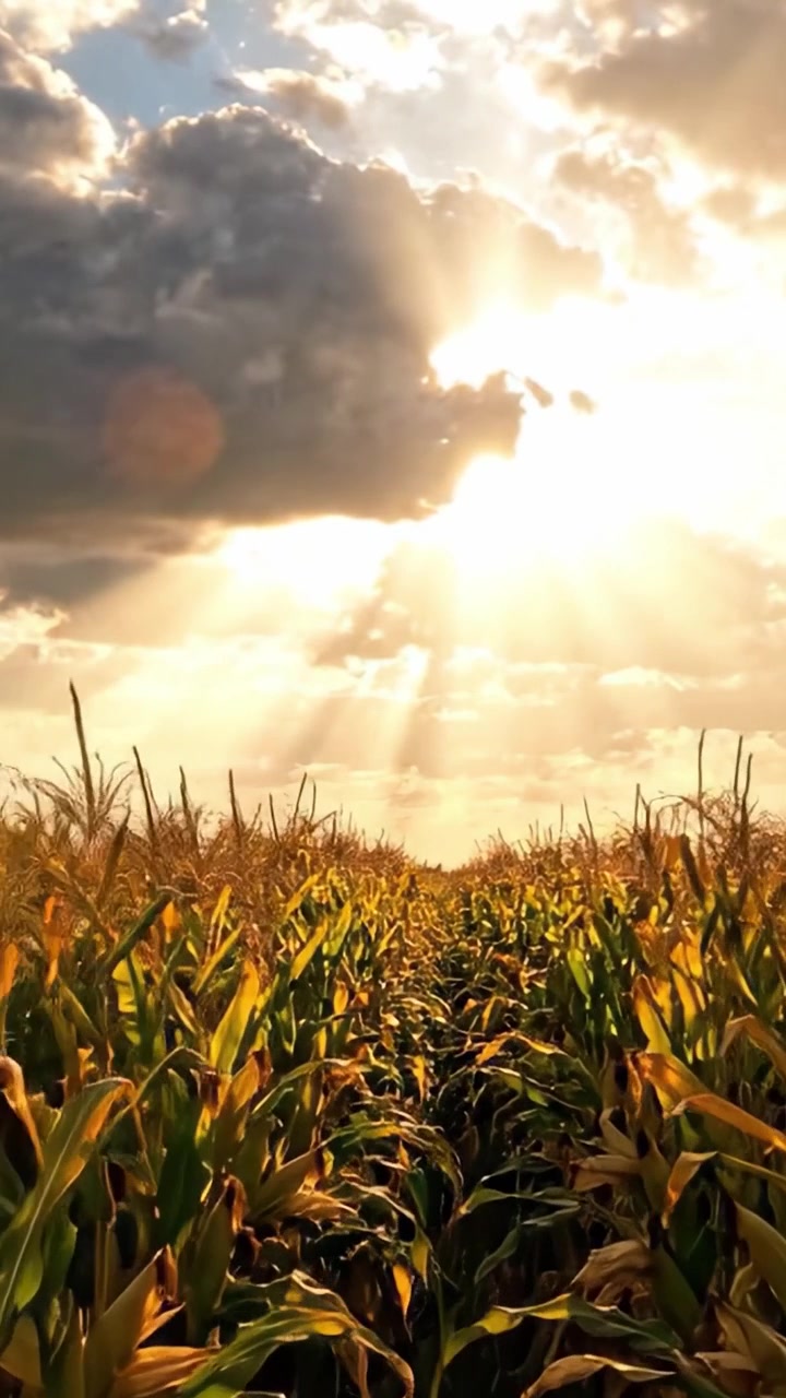 A Stunning View of a Cornfield Illuminated by Radiant Sunlight Breaking Through the Clouds at Dusk, Capturing Nature's Beauty and Tranquility