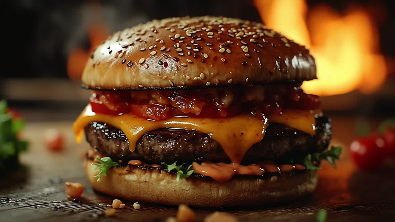 Cheesy burger with sauce. A delicious burger is stacked high with melted cheese and toppings, capturing the essence of a perfect meal.