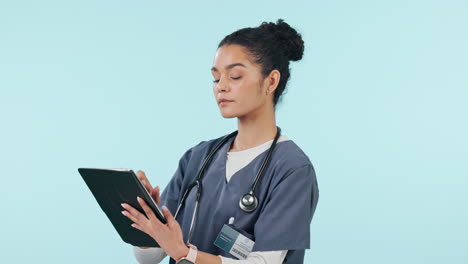 woman, doctor and tablet in medical research