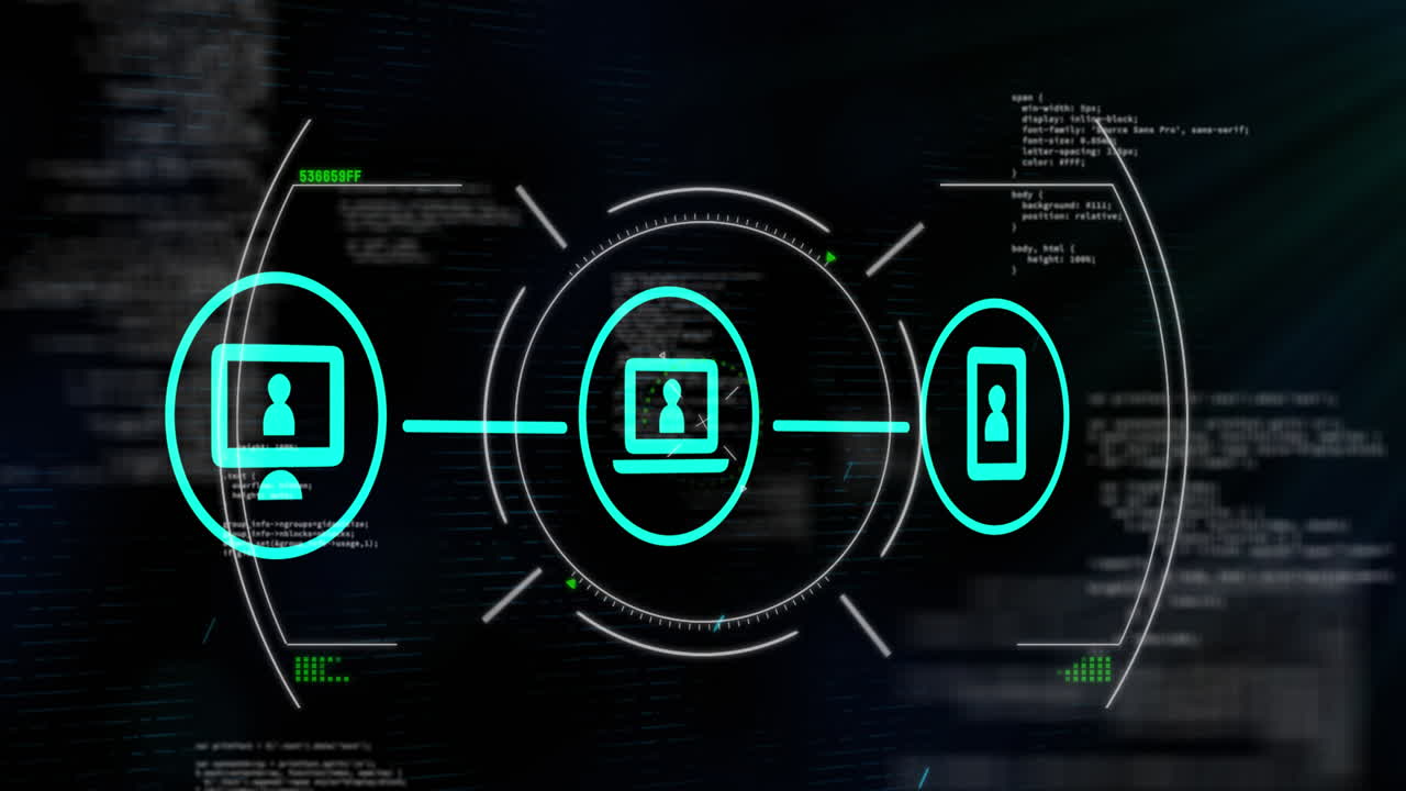 Animation of flowchart of icons and circles over computer language against black background