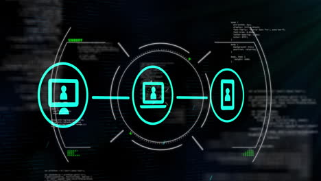 Animation of flowchart of icons and circles over computer language against black background