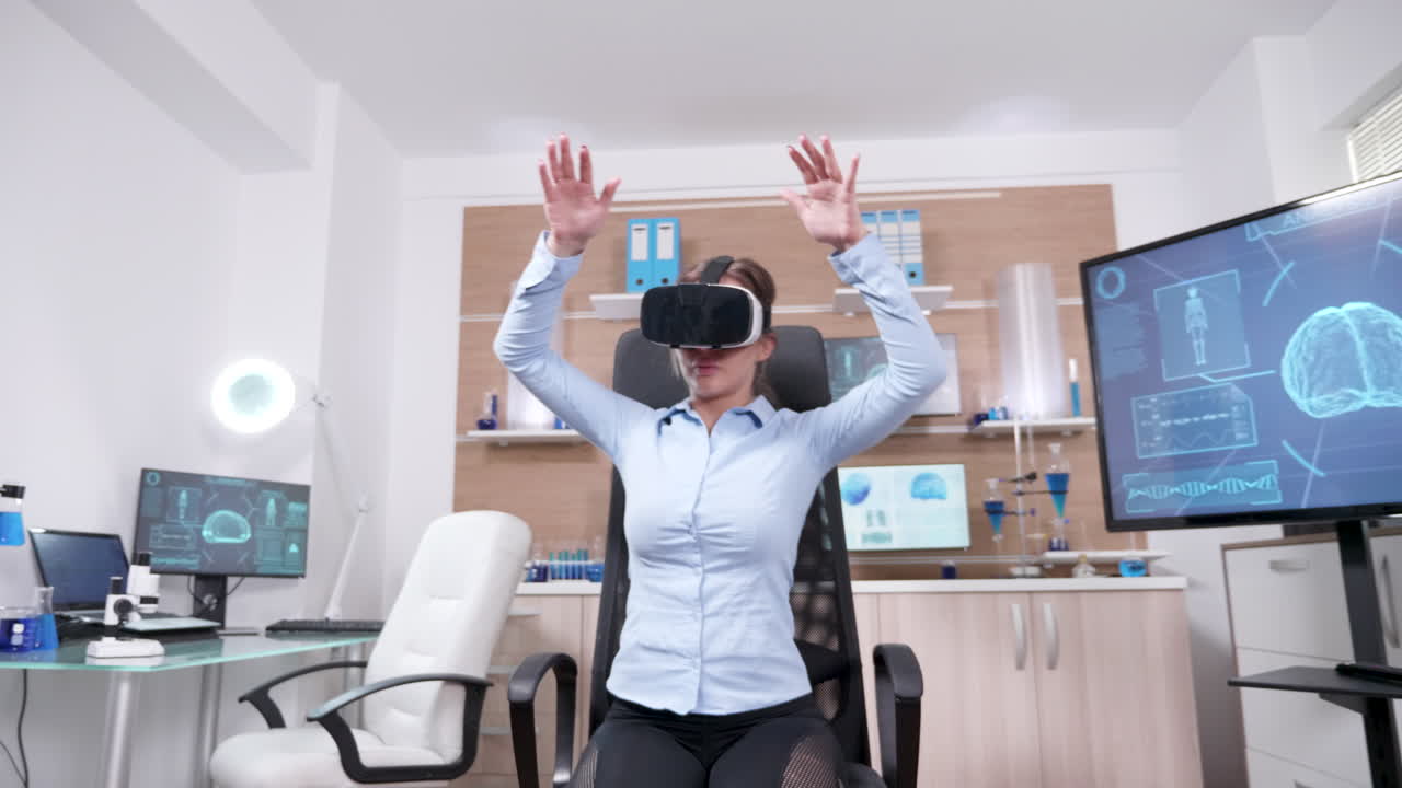 Female scientist in brain research using futuristic technology