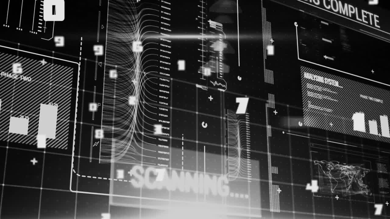 Animation of digital interface with numbers changing, financial data processing and statistics