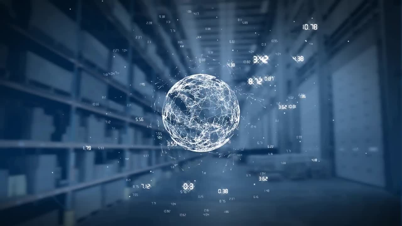 глобус сети соединений, вращающийся против склада на заднем плане