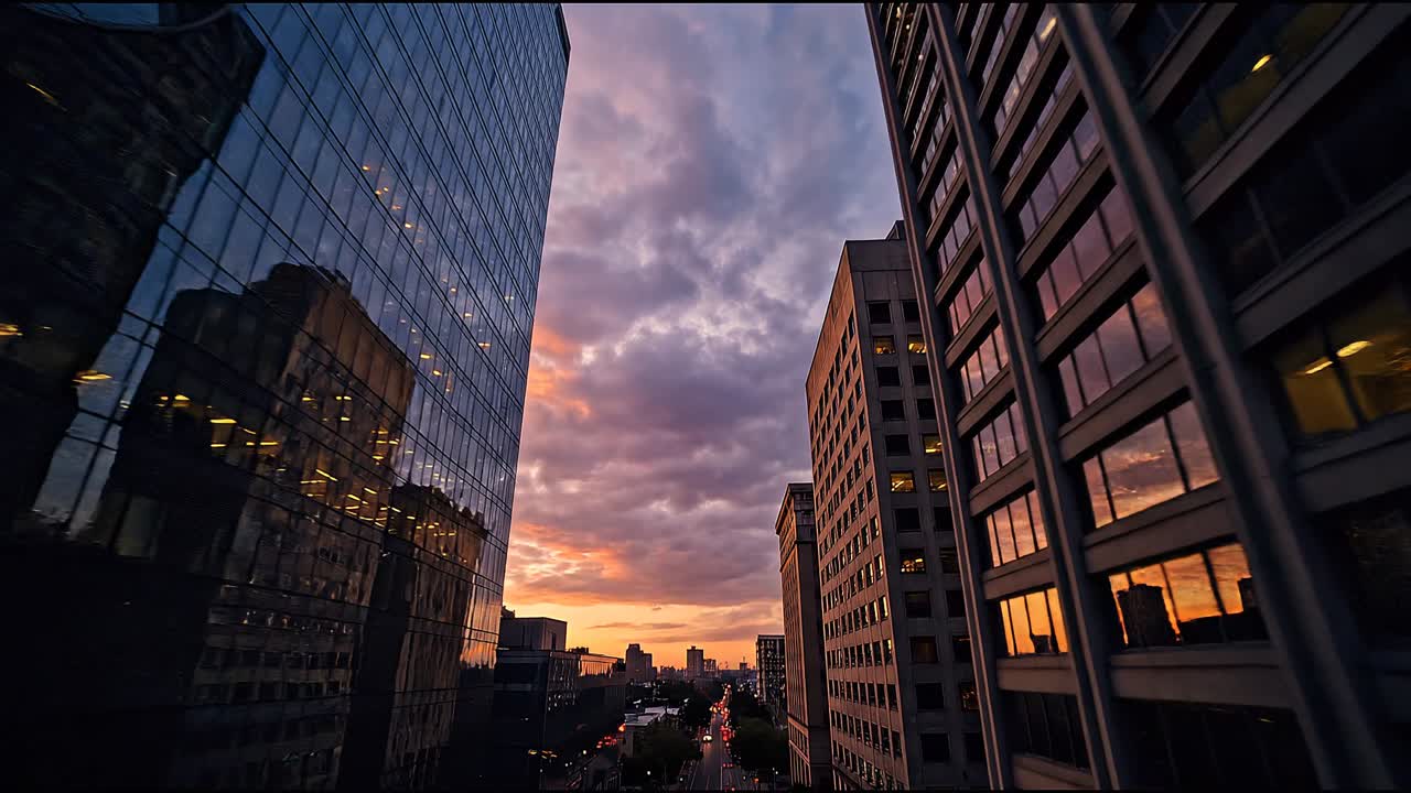 Paisagem urbana entre edifícios de escritórios ao pôr do sol com céu resplandecente e vista em perspectiva de rua urbana.
