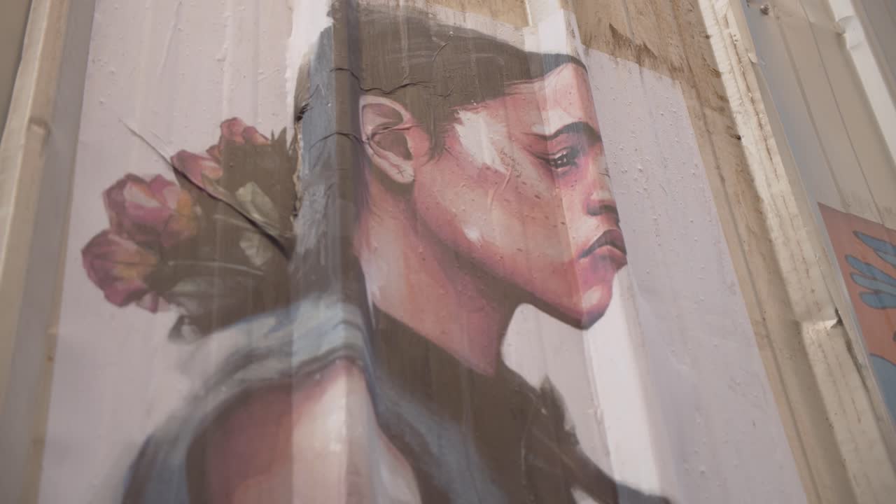 arte mural de una mujer hermosa en la pared del edificio de la ciudad, vista de movimiento de primer plano