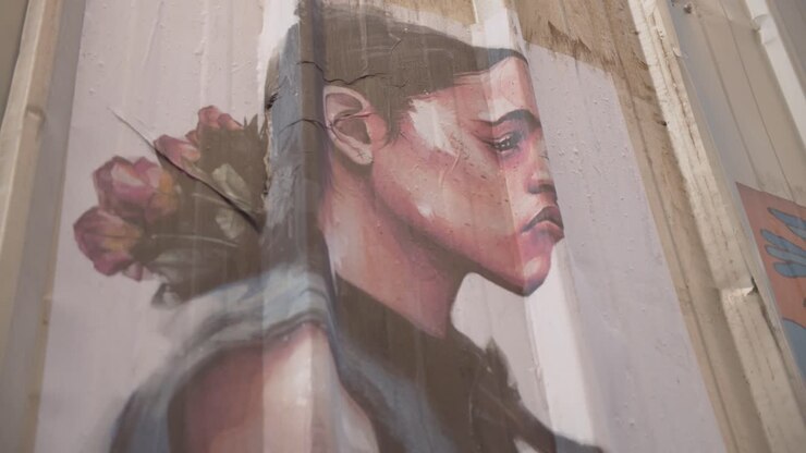 Wall art of beautiful woman on city building wall, close up motion view