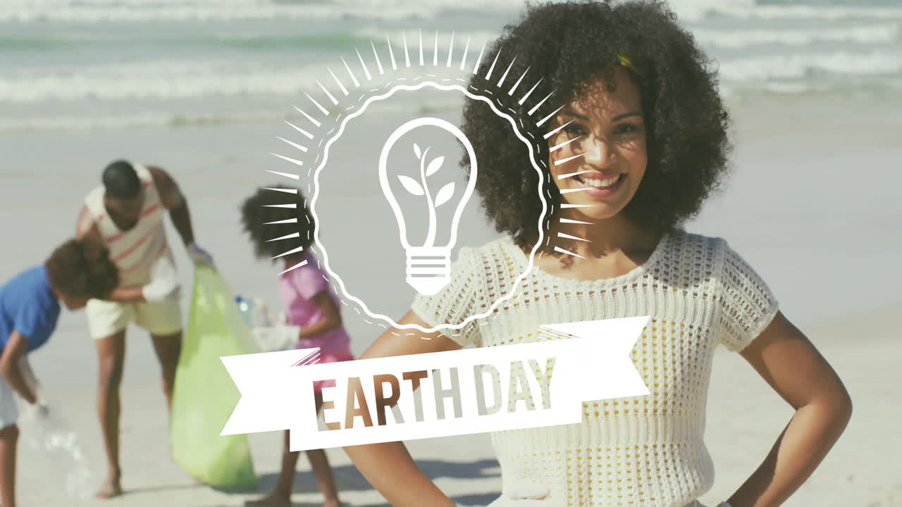 Earth Day animation over people cleaning beach and smiling woman