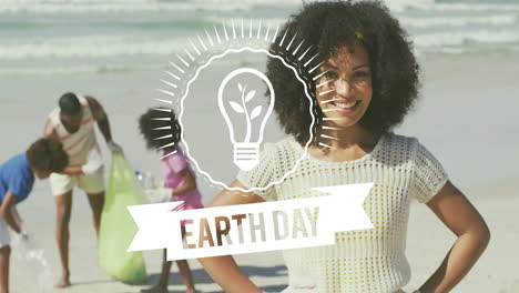 earth day animation over people cleaning beach and smiling woman