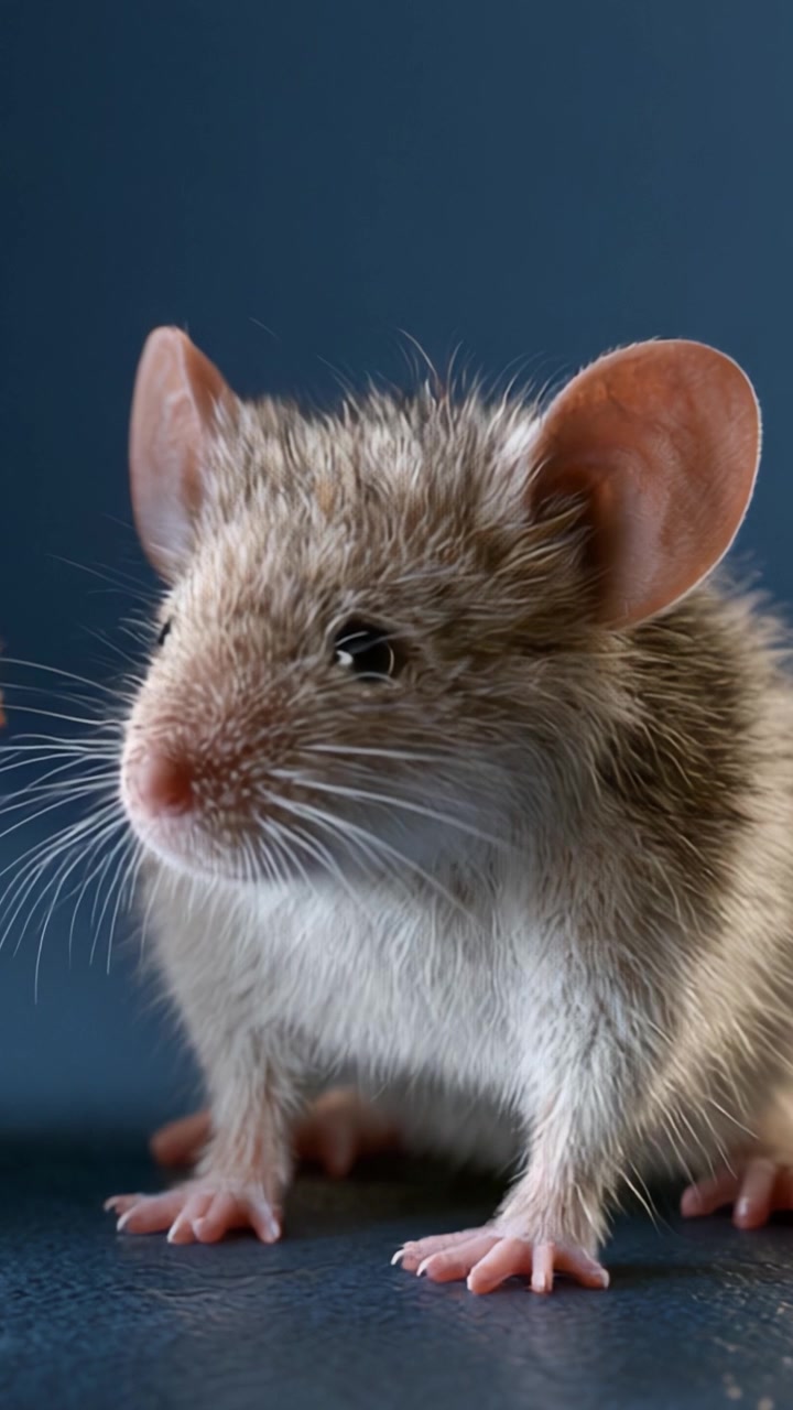 Primo piano di un giovane topo che mostra le sue caratteristiche distintive e la natura giocosa in un ambiente scarsamente illuminato, catturando lo spettatore con il suo adorabile fascino.