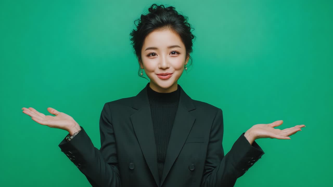 A Confident Woman in Formal Attire with a Bright Smile Gesturing Openly Against a Green Background, Emphasizing Positivity and Professionalism