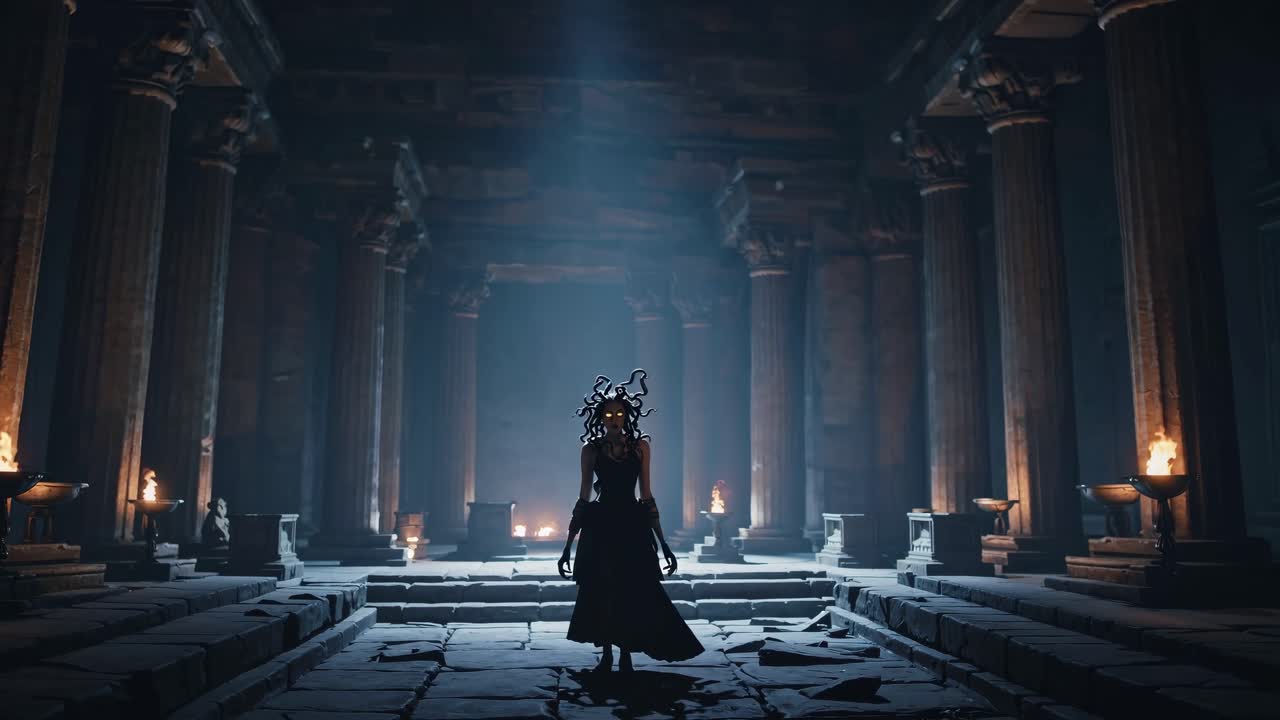 A dramatic low-angle shot in a dimly lit ancient temple, featuring a mysterious figure