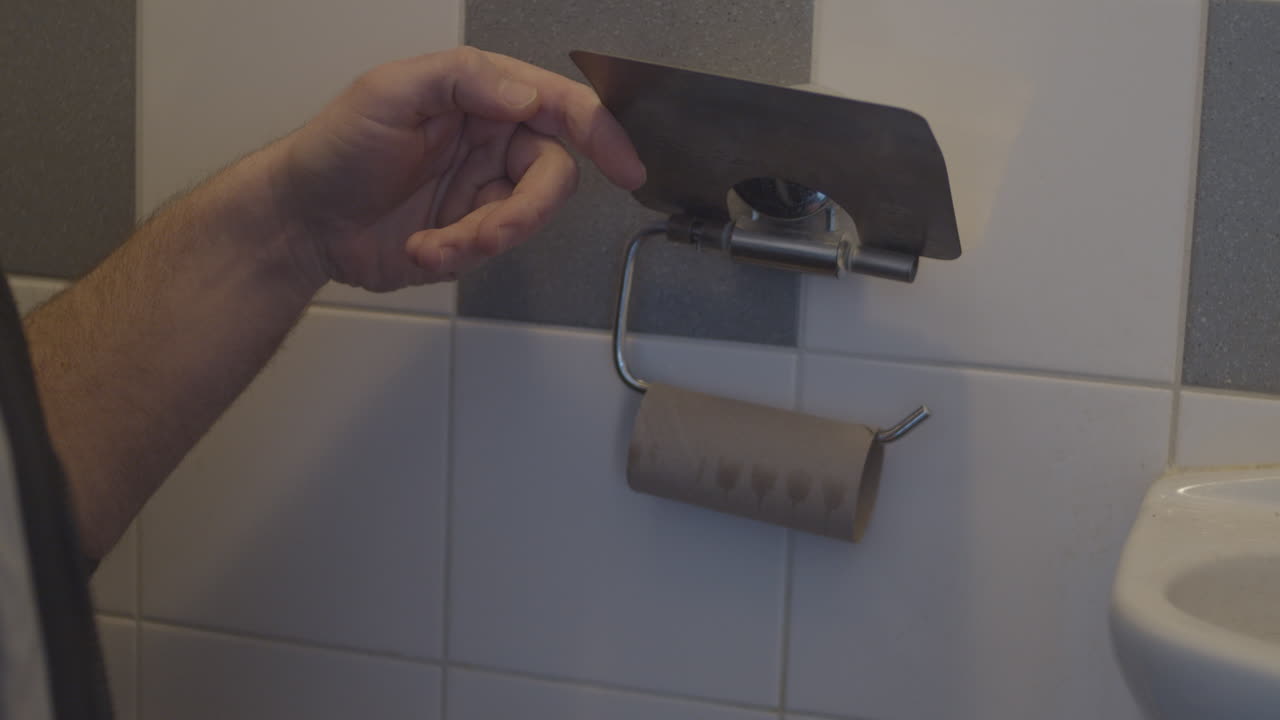 mano agarrando la última hoja de papel higiénico en rollo en el baño