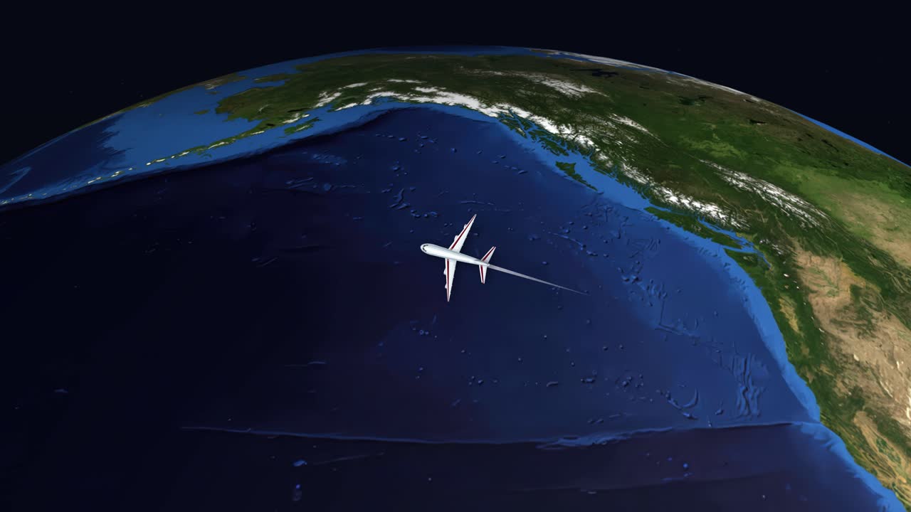 Animated Airplane Flight Path from Las Vegas to Kuala Lumpur on 3D Earth Globe