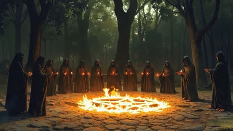 a group of people standing around a fire in the woods