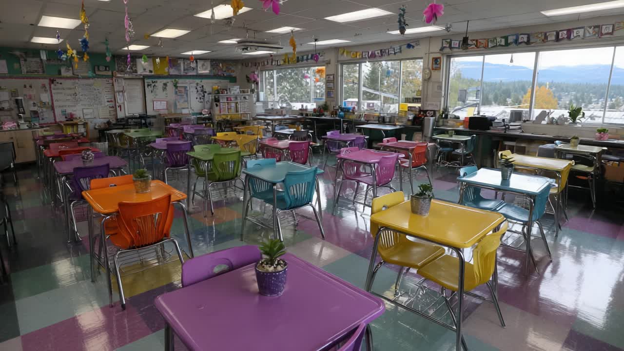 Um ambiente de sala de aula vibrante, apresentando mesas coloridas e um ambiente educacional projetado para experiências de aprendizado envolventes entre jovens estudantes