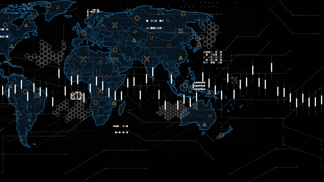 Animation of financial data processing over world map