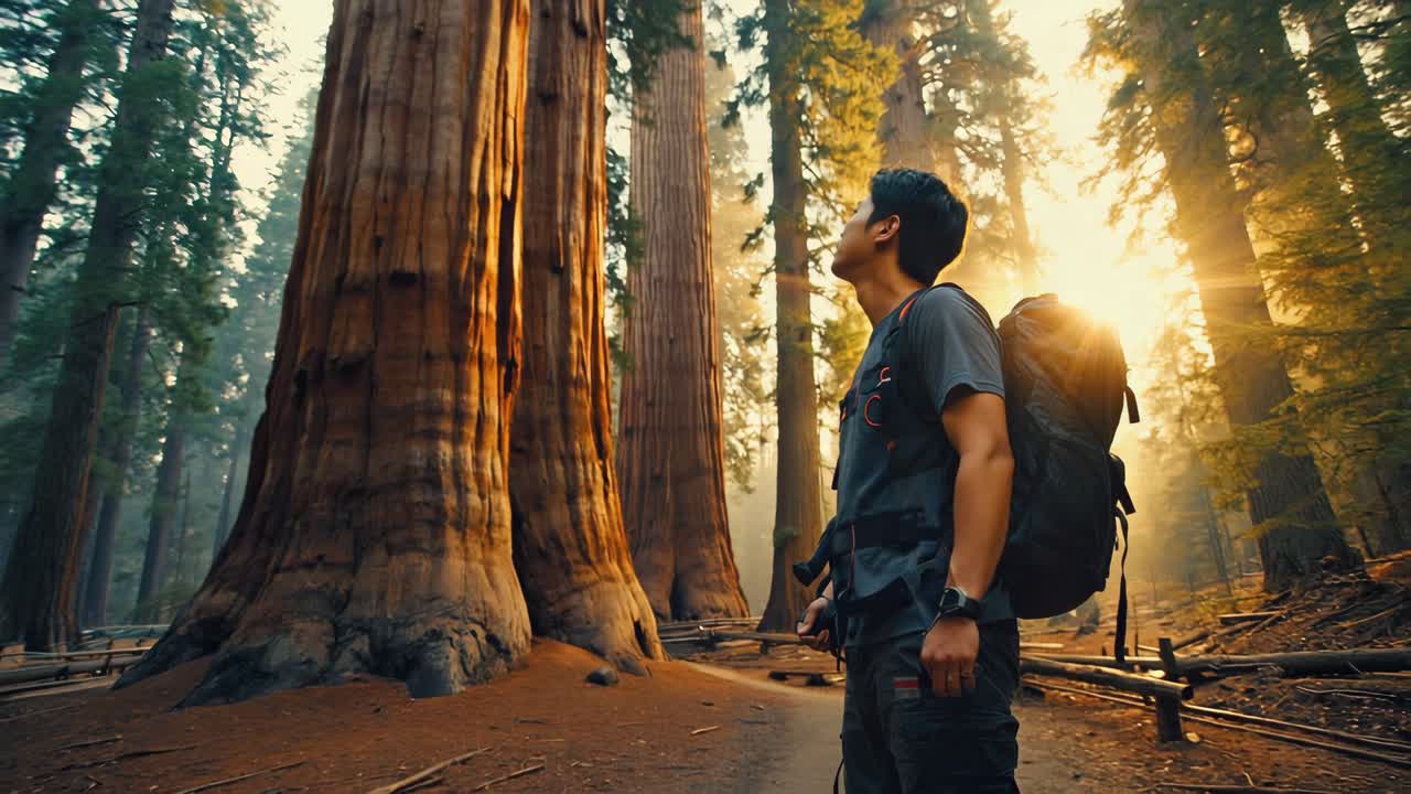 Young hiker with backpack admiring giant sequoia trees in Sequoia National Park at sunset, enjoying the tranquility of nature and the majesty of ancient trees