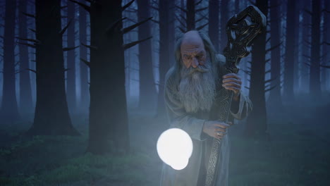 elder wizard in misty forest