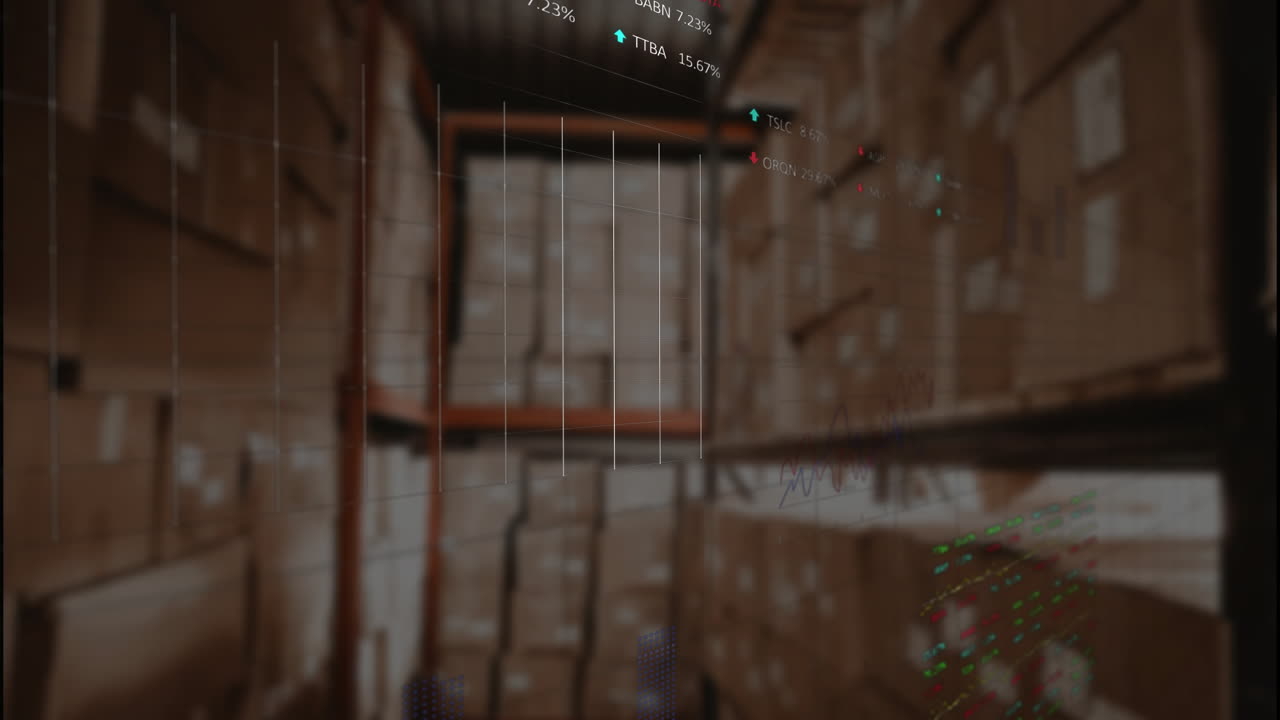 Animation of multiple graphs and trading boards over cardboard boxes in warehouse