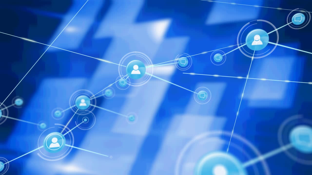 검은색 배경의 파란색 모양 위에 아이콘으로 연결 네트워크의 애니메이션