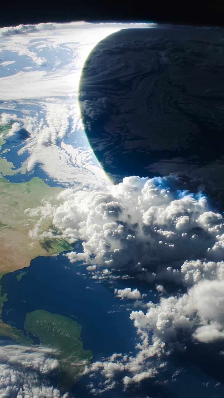 Vertical video: Globe showing sea, moon entering right casting shadow, making blue glint for space