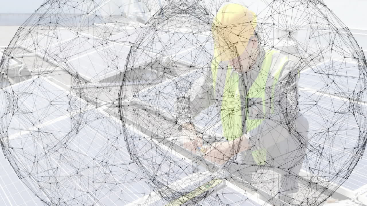 Technician kneeling on rooftop solar panels adjusting rails, showing digital node network overlay