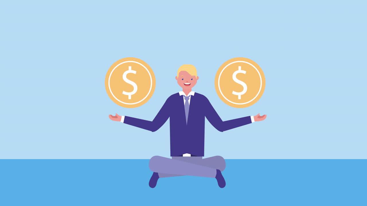 로터스 포지션과 동전 달러를 가진 사업가