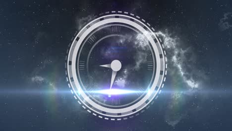 Animation-of-clock-moving-over-stars-on-black-background